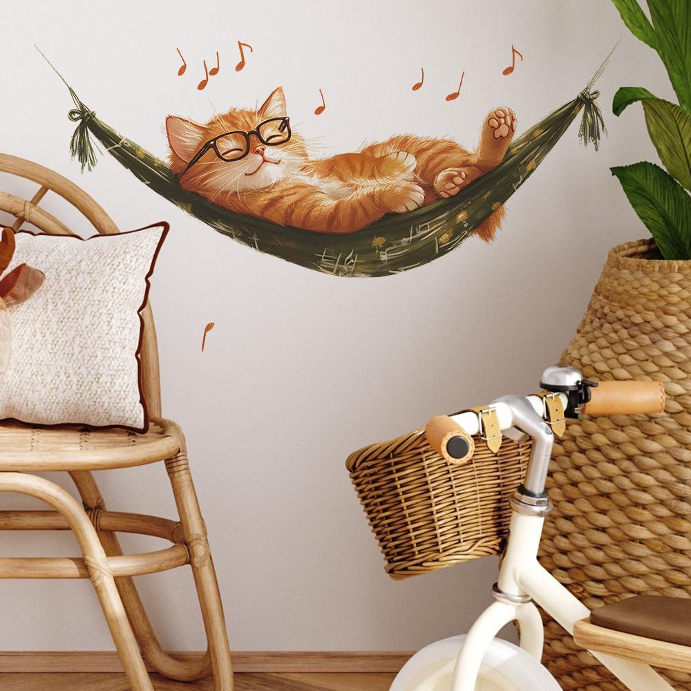 Creative Hammock Cat Wall Sticker Self-Adhesive Removable for Bedroom Living Room Entryway Background Home Decor