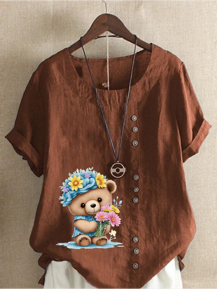 Women's Fashion Flower Bear Print Casual Cotton Linen Short Sleeve Round Neck T-shirt Shirt Leisure Loose Summer Blouse Tops