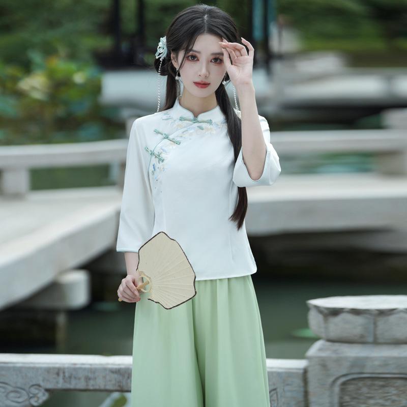 

Женский летний этнический вышитый костюм Тан: Топ на лягушачьих пуговицах и шифоновые брюки палаццо XXXXL