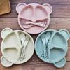 3Pcs/set Wheat Straw Baby Dishes Cartoon Tableware Set Kids Dinner Platos Baby Feeding Plate Training Bowl Spoon Fork Tableware