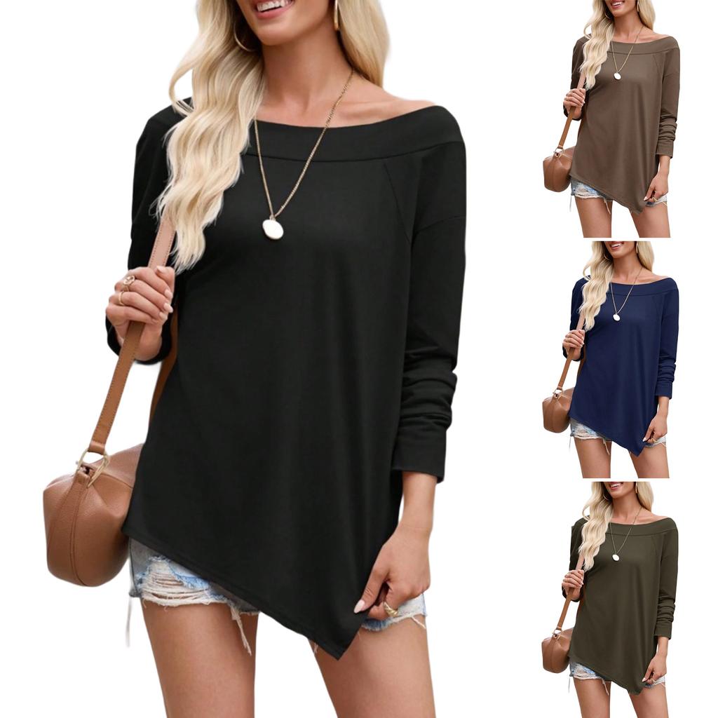 Women's Casual Off-Shoulder Long Sleeve T-Shirt with Slit Hem, Loose Fit