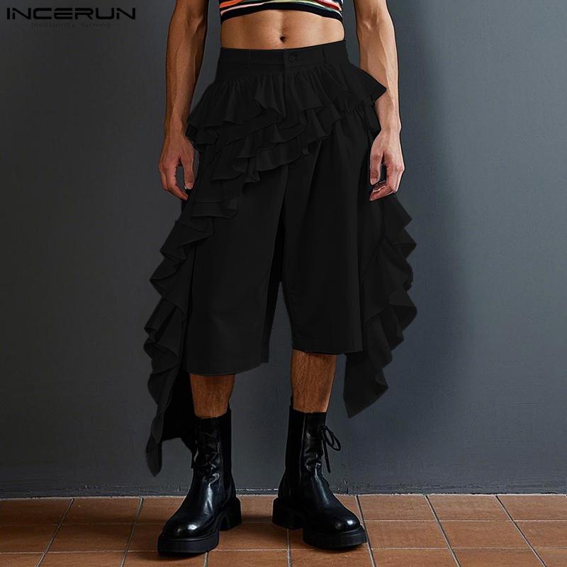 INCERUN Men Zipper Waist Irregular Ruffled Layers Casual Capri Pants