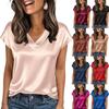 Damen Satinhemd Frühling Sommer Einfarbige V-Ausschnitt Lässiger Pullover Bluse Business Casual Damen Oberteile
