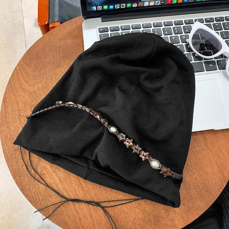 2025 Czapka typu slouchy w stylu koreańskim z koralikami: Damska prosta czapka beanie na wiosnę/jesień dla dużego obwodu głowy