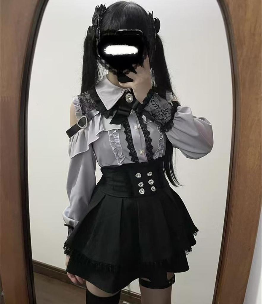 Long Sleeve Shirt Set with Ruffle and Mori Girl Top with Detachable Lolita Harajuku Clothing for and Winter Gray [Yhsuoxfd] Women's Set, 2-Piece