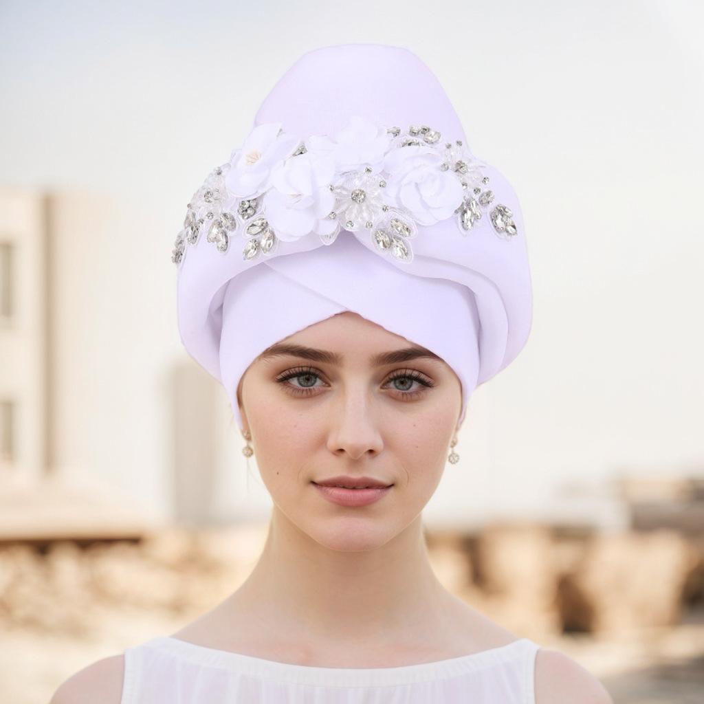 Ready To Ship 2025 Latest Ladies Flower Embroidery African Hats Fashion Ethnic Style Stretch Turban Headbands for Women