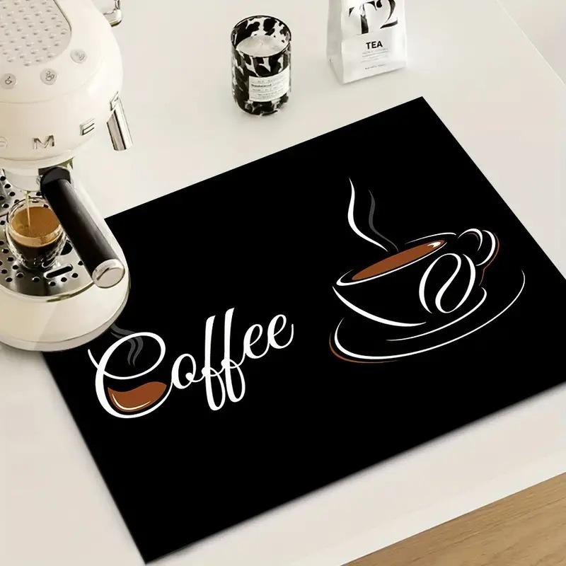 Creative Coffee Print Kitchen Drying Mat Soft Rubber Non-Slip Absorbent Stain-Resistant Mats for Coffee Bar Countertops Dish Mat