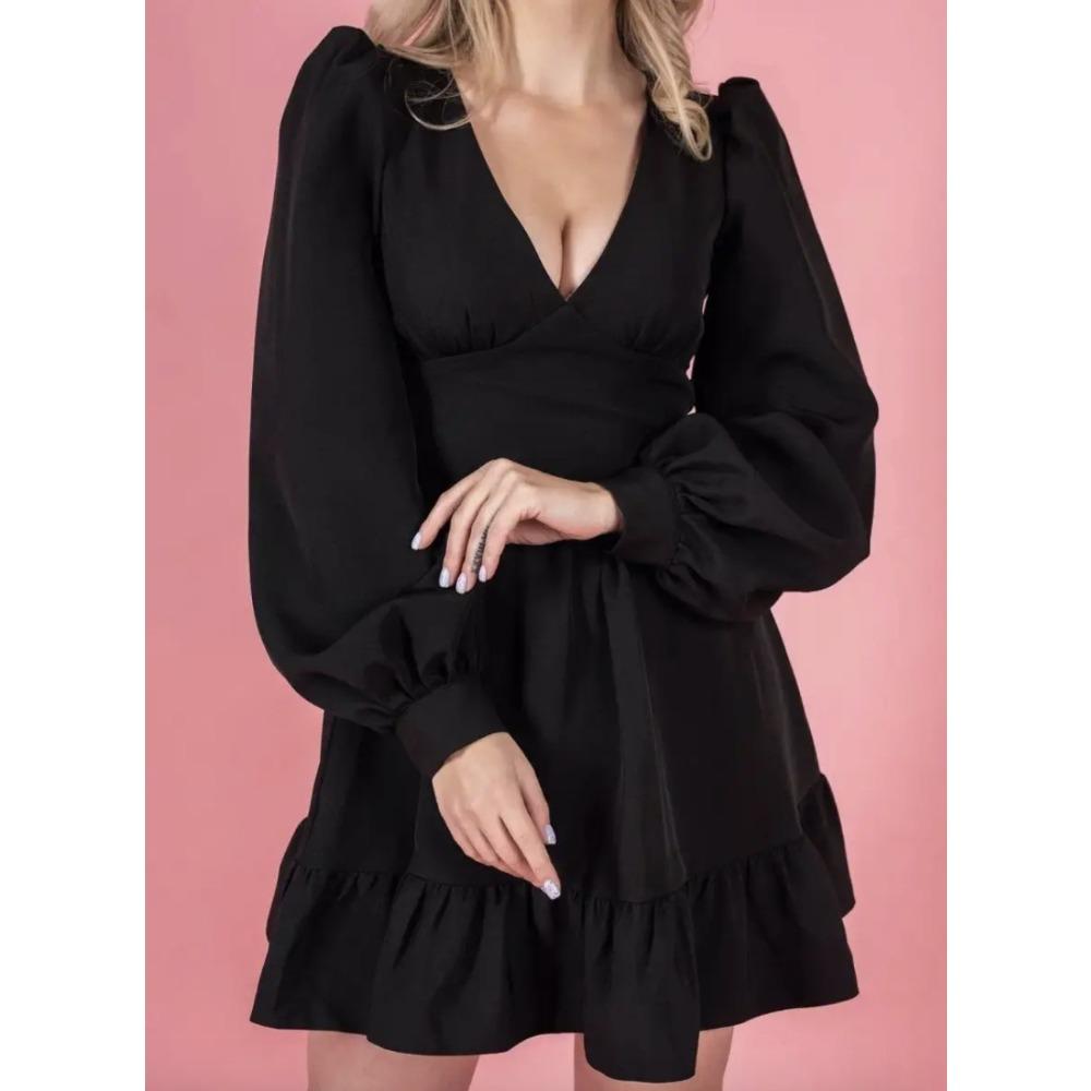 Europe, America, elegant temperament V-neck back button-down lace-up dress, spring, women s clothing S чёрный