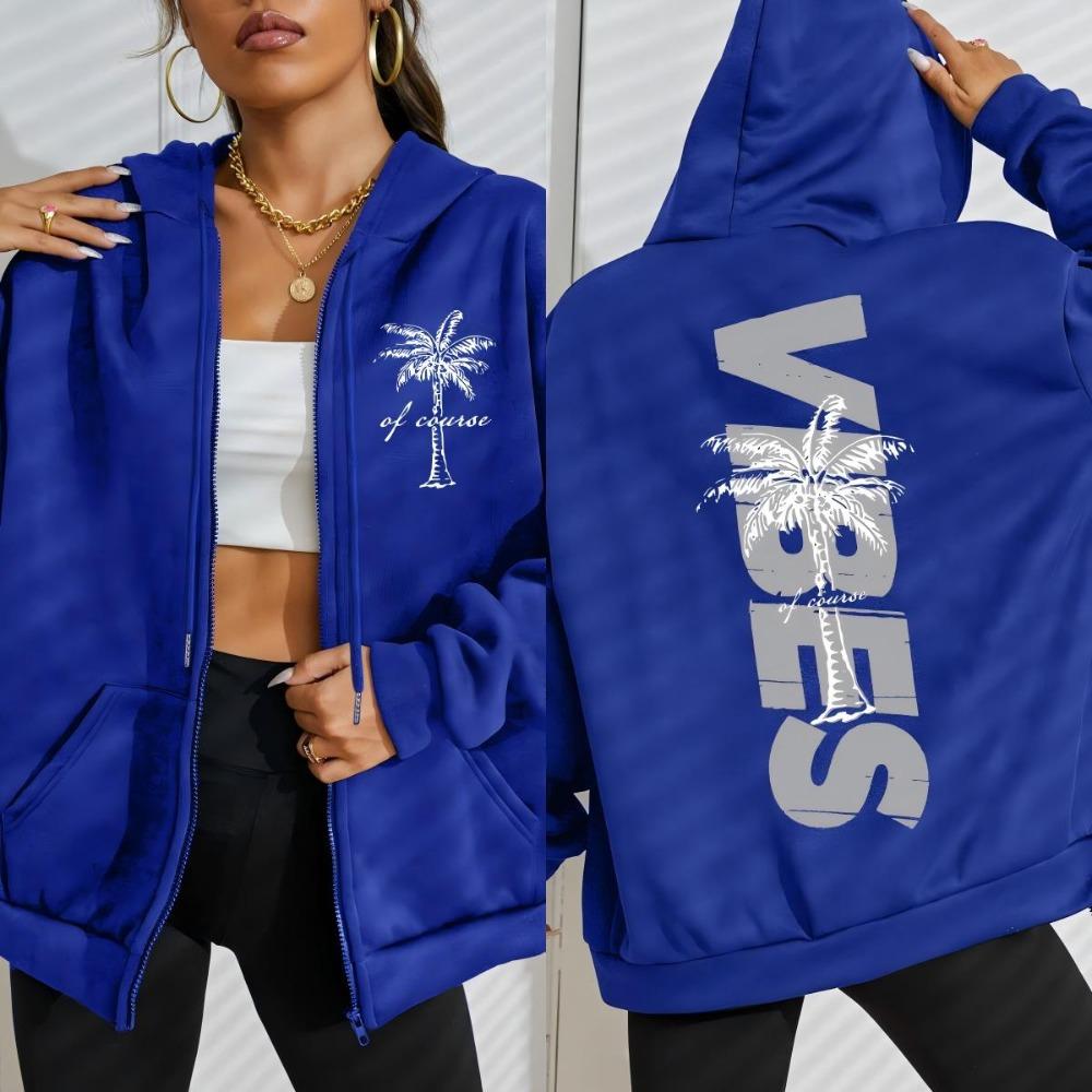 Summer Beach Vibes Coconut Tree Prints Women Zipper Hoodie Fashion Loose Hoody Soft Casual Sportswear Autumn Clothing