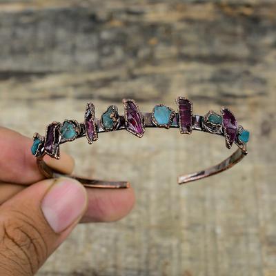 Aquamarine Rough Bangle Electroformed Copper Cuff Bracelet Pink Tourmaline Gemstone Bangle Adjustable Bangle Handmade Electroformed Jewelry