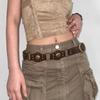Cowboy Western Style Belt Denim Skirt Faux Leather Waistband Adjustable Length Multi Holes Design Brown Wide Belt