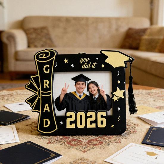 Wooden Photo Frame, Standard Size Graduation Picture Display, Black Gold with Rear Stand, Grad 2026 Picture Holder for Graduation Keepsake