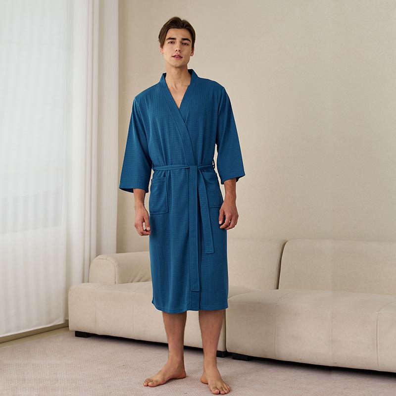 Women's Plus Size Quick-Dry Black Waffle Bathrobe with Three-Quarter Sleeves - Summer Thin