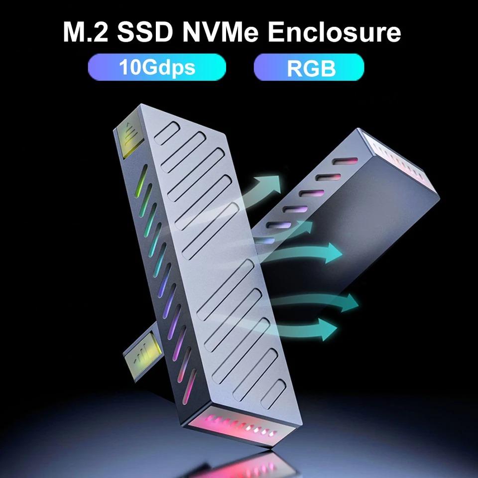 M.2 NVMe SSD Enclosure 10Gbps PCIe SSD Case Aluminum Alloy External Hard Drive Box USB 3.1 Interface RGB Colorful Light Tool Free Support UASP
