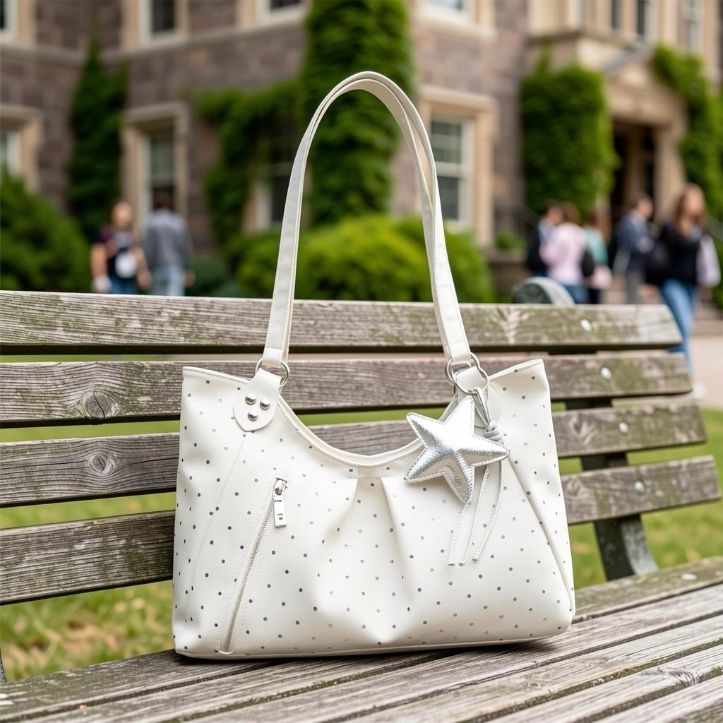 2026 New Korean Style Polka Dot Tote Bag, Silver Star Charm, Large Capacity Commuter Shoulder Bag for Women, Versatile Casual Tote Bag