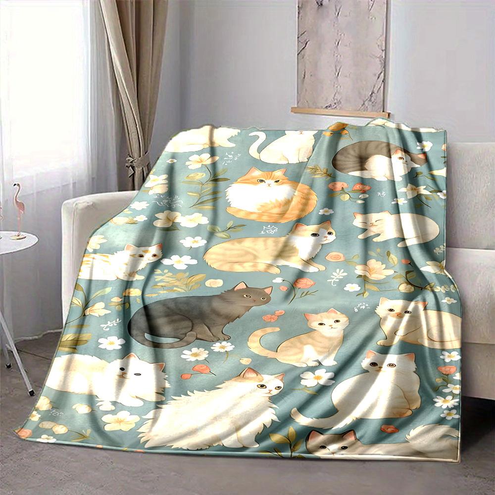 1pc Cats Flowers Lightweight Flannel Blanket, Comfortable and Warm Blanket, for Office and Camping Sofa Bed, Livingroom107