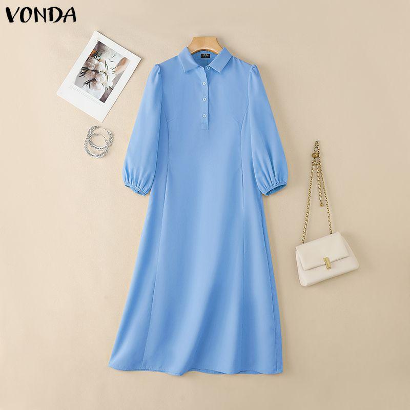 VONDA Elegant Women Lapel Neck Long Puff Sleeve Casual Office Dress