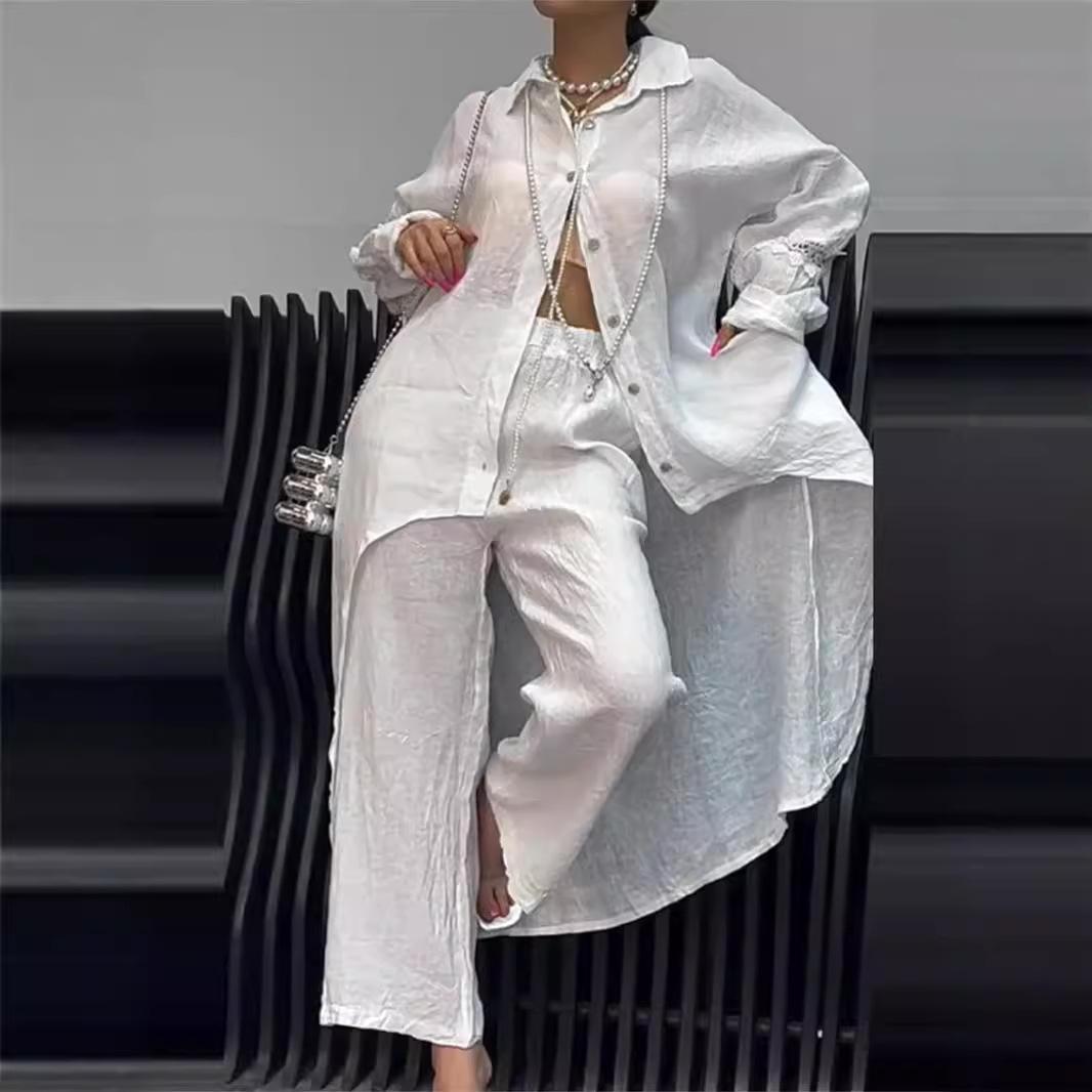 

2024 Summer Fashion Women s Irregular Hem Long Sleeve Top and Pants Set 2XL оранжевый