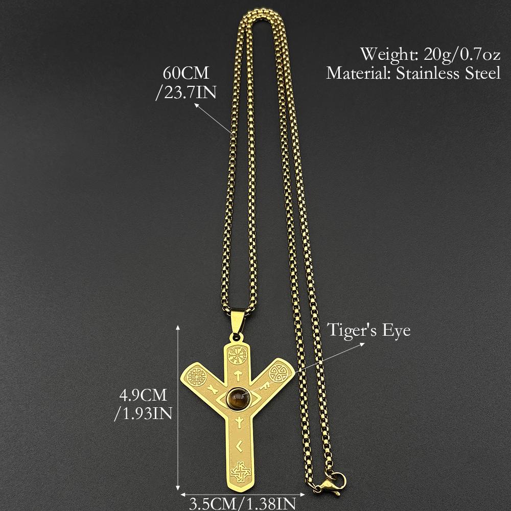 Nordic Viking Rune Odin's Eye Compass Cross Pendant Necklace for Women Men Celtic Knot Natural Stone Chain Divination Jewelry