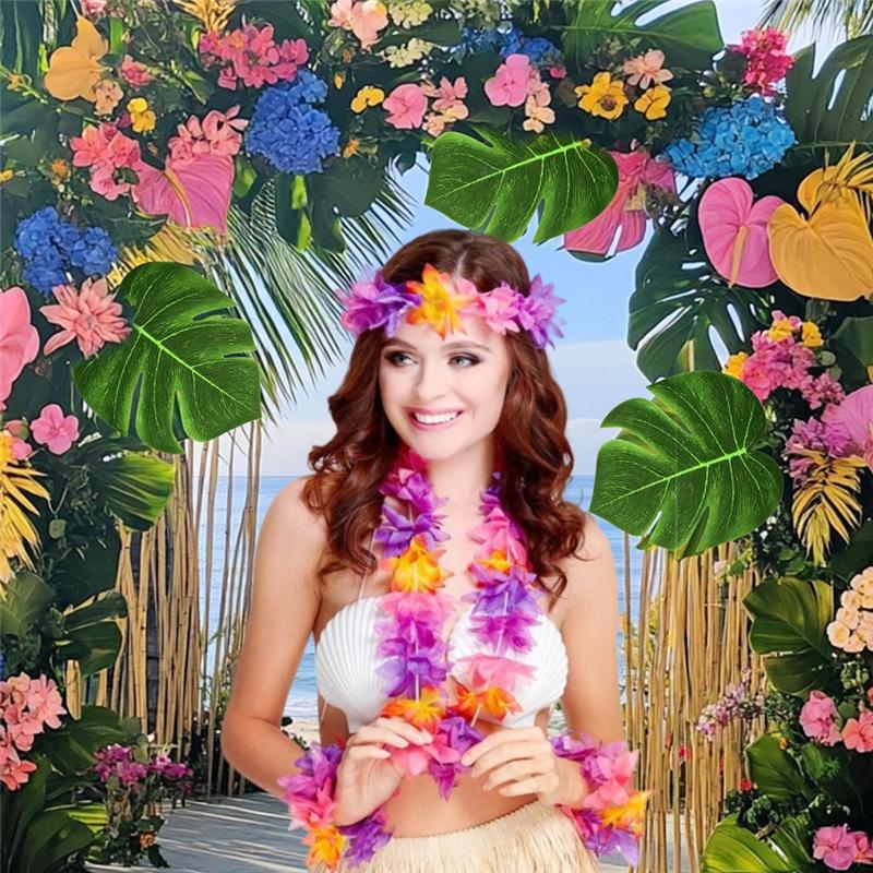 

A34R 70Pcs Hawaiian Luau Party Supplies,Tropical Leis,Palm Leaves&Hibiscus Flowers For Birthday Baby Shower Beach Pool Party