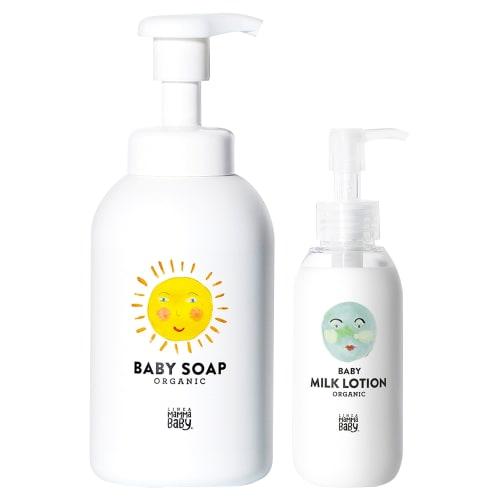 

Mama Baby Baby Soap (foam type for whole body) x Baby Milk Lotion Set Additive-free, fragrance-free, organic, hard to stain eyes, from newborns (400mL