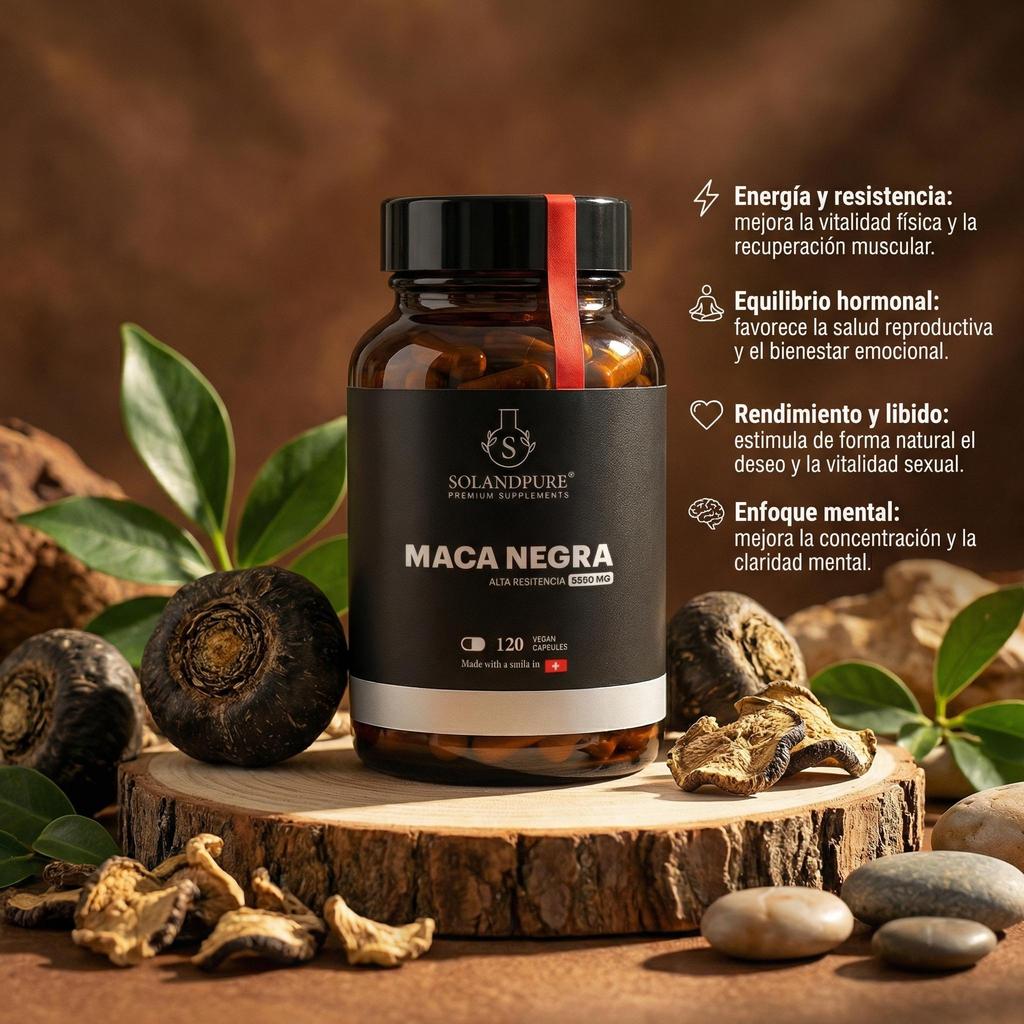 Maca Negra Complex – 120 Cápsulas Vegetales | Suplemento con Ginseng, Zinc y L-Arginina | Energía y Vitalidad – Calidad Premium Solandpure®