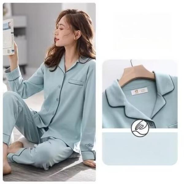 Women's 100% Cotton Long-Sleeve Pajamas for Middle-Aged & Elderly - Loose Cardigan for Autumn/Winter