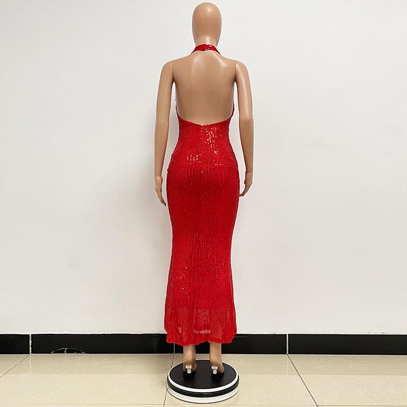 Women's Haute Couture Deep V Halter Halter Gown Dress Long Sequin Fishtail Dress