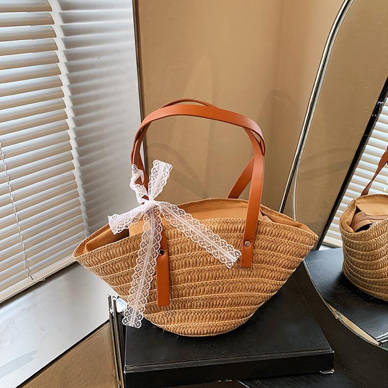 

Yogodlns Summer Shoulder Bag Paper Rope Hand-Woven Handbags Handmade Casual Fashion Simple Portable Shopper Totes for Holiday 41x14x18cm хаки