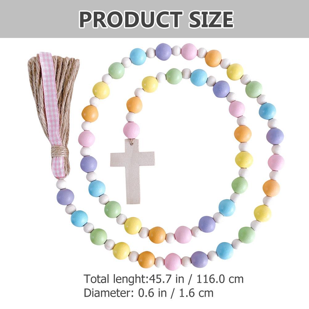 Easter Wooden Beaded Garland with Tassels and Cross Pendant Lightweight Linen Rope String Decoration for Wall Door Shelf