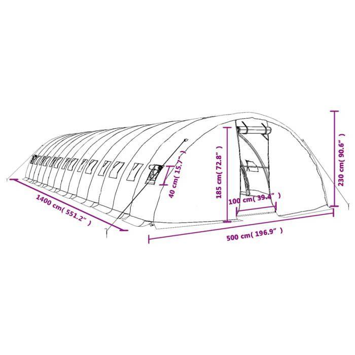 VidaXL Greenhouse with Green Steel Frame 70 M² 14x5x2.3 M, Polytunnel, Cold Frame, Tomato Greenhouse, Garden Greenhouse, 3188088