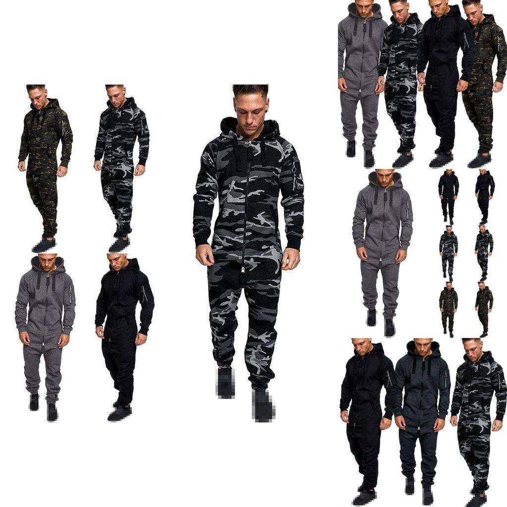 Herren Camouflage Jumpsuit mit Kapuze und Reißverschluss Perfekt für den täglichen Gebrauch