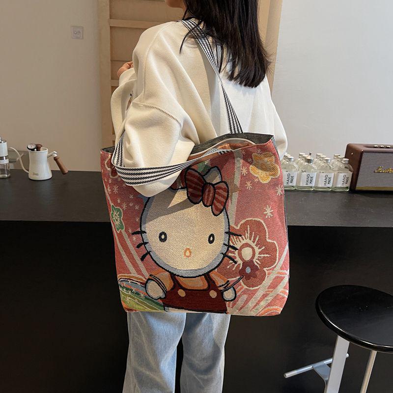 Geantă tote de pânză pentru femei cu capacitate mare și broderie de desene animate