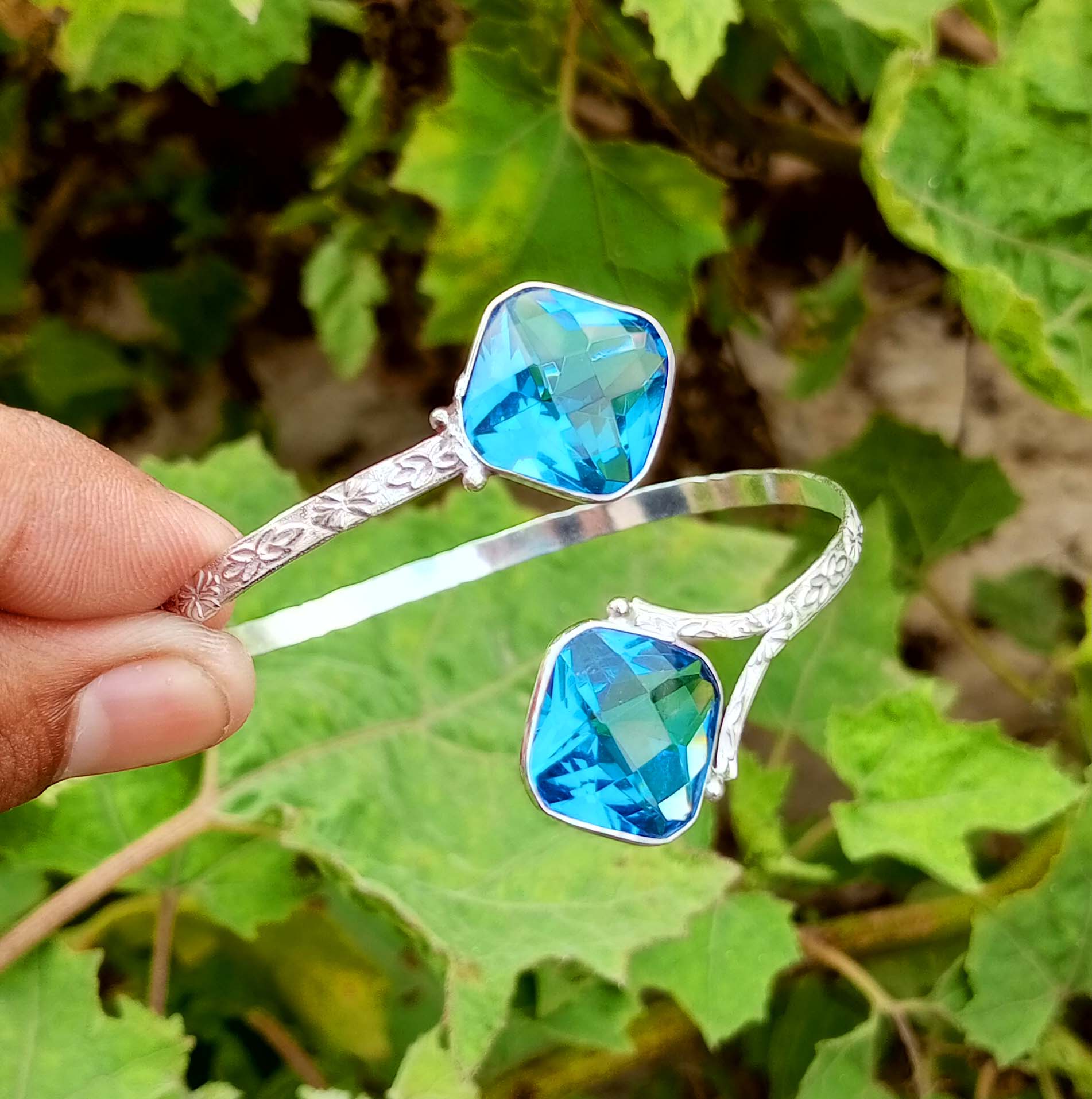 

Граненый стеклянный драгоценный камень Стерлингового серебра 925 пробы с покрытием Регулируемый браслет-манжета унисекс/ювелирные изделия-браслет