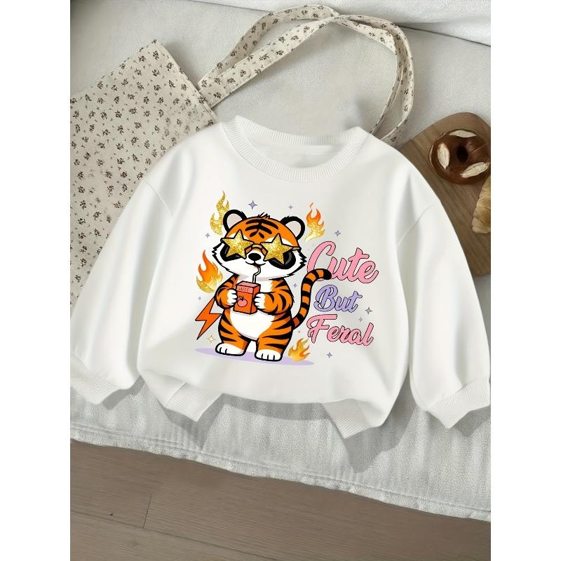Cute And Wild Patterned Print Girl S Round Neck Sweatshirt - Casual Creative Design, Stretchy Fabric 110 белый