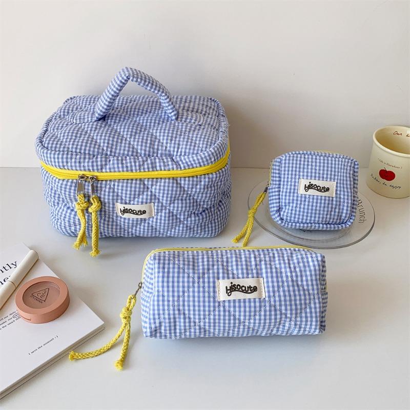 Ins Contrast Color Plaid Handheld Makeup Bag Large Capacity Cosmetic Organizer Square Bag
