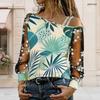 Women Plus Size Asymmetric Cold Shoulder Long Sleeve T Shirt Tropical Leaf Print Sheer Floral Mesh Sleeve