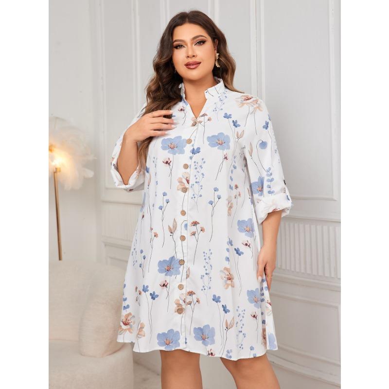White Printed Loose Plus Size Midi Dress For Women