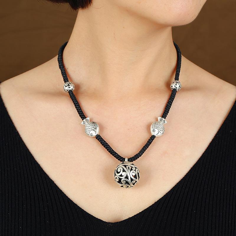 Retro imitation Thai silver short necklace femininity versatile collarbone chain flower fish handwoven jewelry