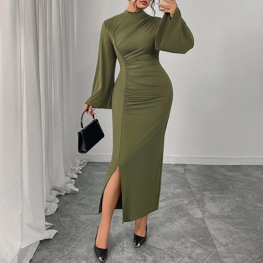Round-neck High-waisted Dress Solid Color Flared Sleeves Hip-hugging Slit Dress Slimming Pleated Long Dress