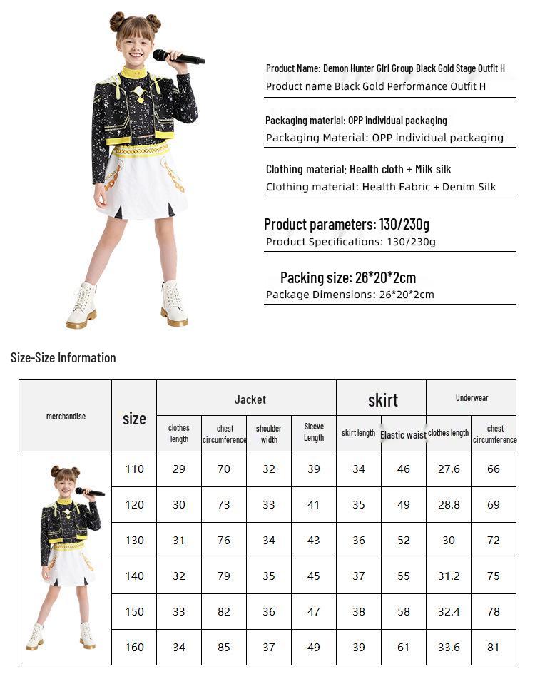 Black Gold 2-Piece Demon Hunter Pop Singer Costume for Girls - Cool 3D Print Children's Outfit