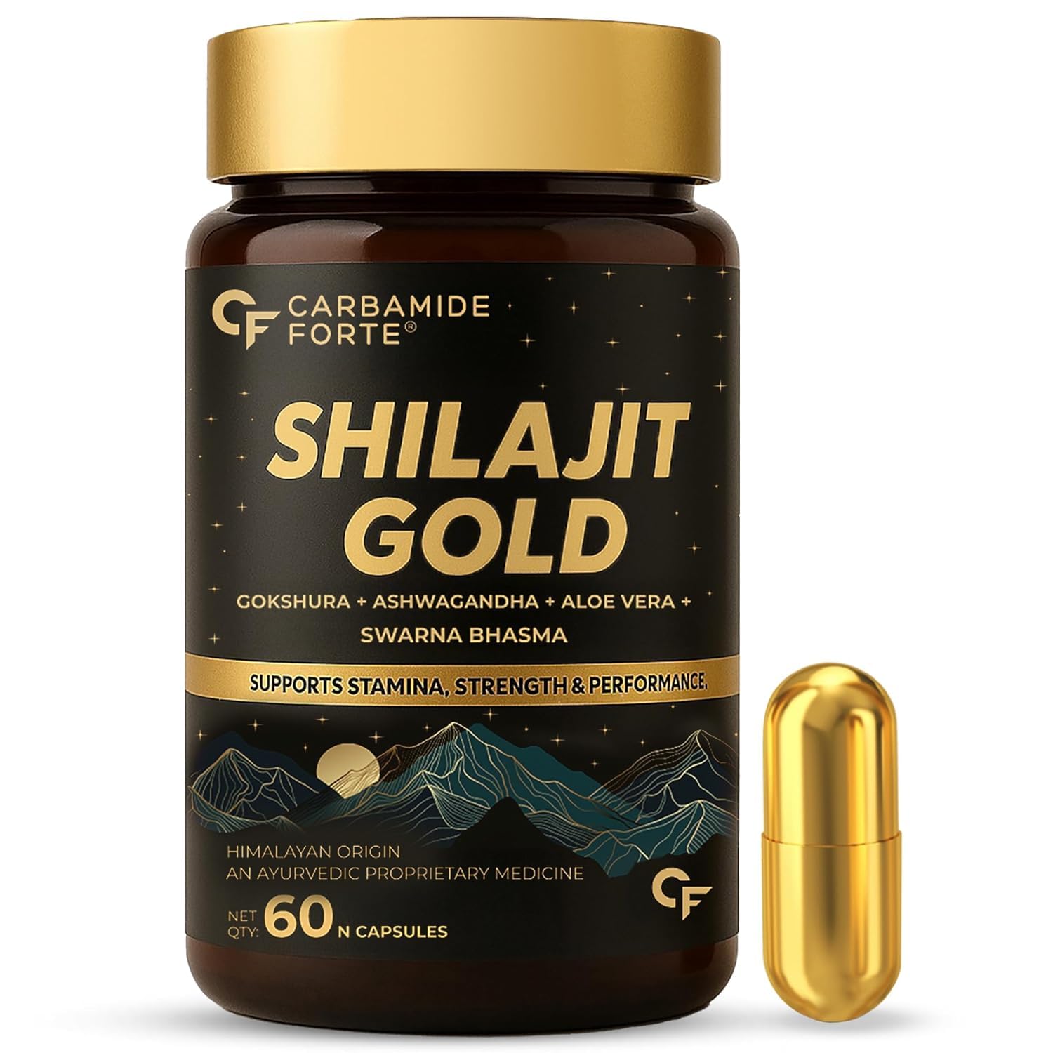 

Carbamide Forte Shilajit Gold Capsules For Men 60 Veg Capsules With Ashwagandha Triphala Pure Himalayan Shilajit