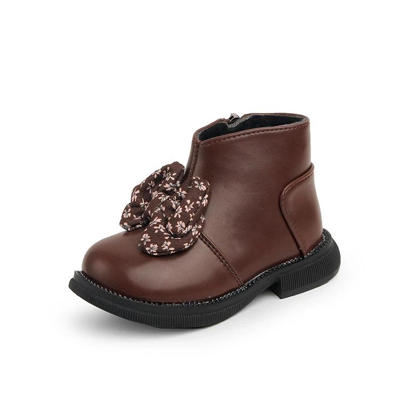 

2024 Модные кожаные ботинки для девочек, расписанные вручную банты, детские ботинки челси принцессы, застежка-молния сбоку, круглый носок, однотонный полиуретан, простые 21 коричневый