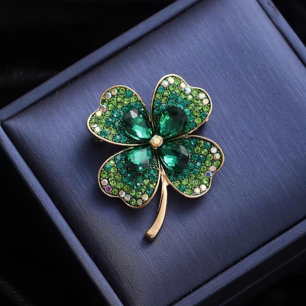 Green Rhinestone Shiny Four Leaf Clover Brooch Pin, Versatile Accessory For Cardigan Coat Hat Perfect Fashion Gift For Women
