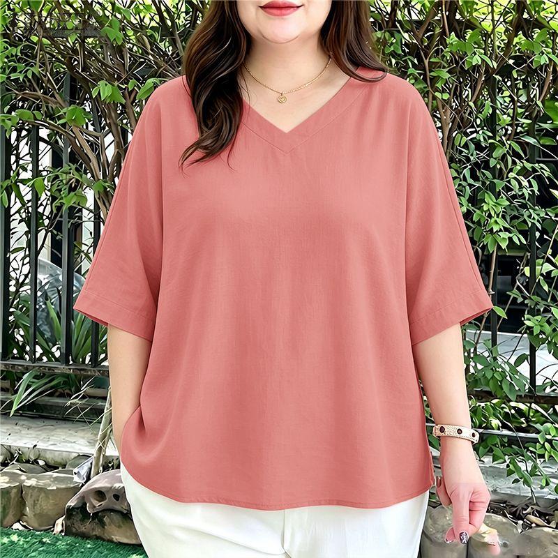 ZANZEA Lässige Bluse mit V-Ausschnitt und einfarbigen, lockeren Halbarm-Shirts für Damen