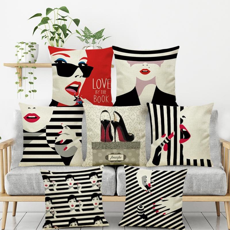 Urban Lipstick Girl Printed Linen Pillow, Fashionable Pillow Cushion Counter Decoration Pillow