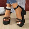 2025 Summer New Women's Cover Heel Sandals with Platform Ankle Wrap Back Zip PU Weave Dress Plus Size Shoes for Women