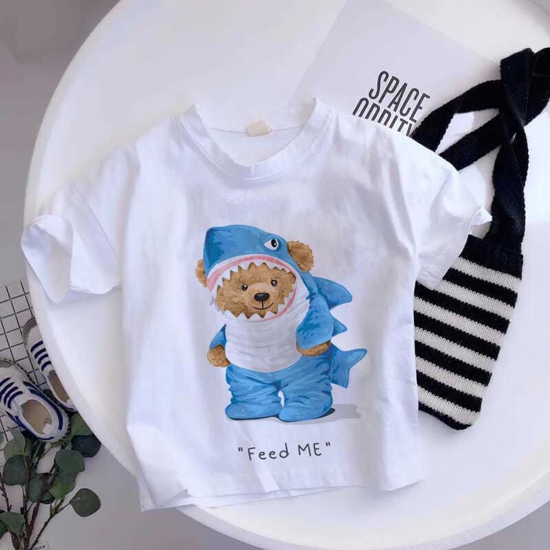 Girls Fashionable Pure Cotton TShirt with Teddy Bear Cartoon Pattern Summer Clothing Fun Childrens Wear Y2K Style