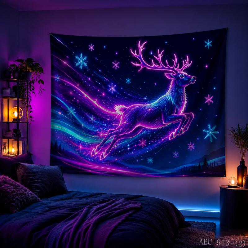 Neon Aurora Leaping Deer Christmas Tapestry High Definition Background Cloth Festival Atmosphere Room Decoration