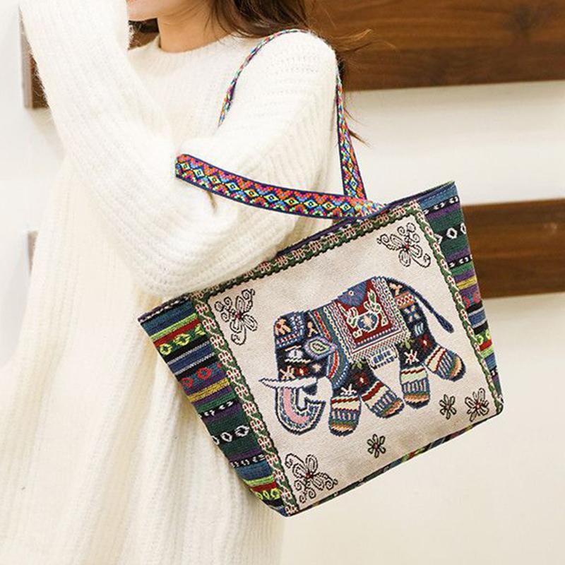 Плечевая сумка в этническом стиле, студенческая, холщовая, с вышивкой, слон, офисная сумка, повседневная, для путешествий, сумка-тоут для хранения, для женщин 25x10x23cm